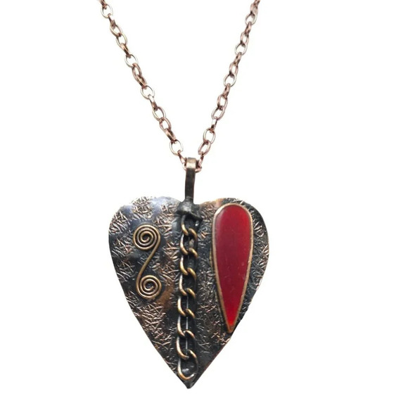 Red Enamel Heart On Copper Pendant Chain Necklace Lobster Closure Vintage - Picture 2 of 7